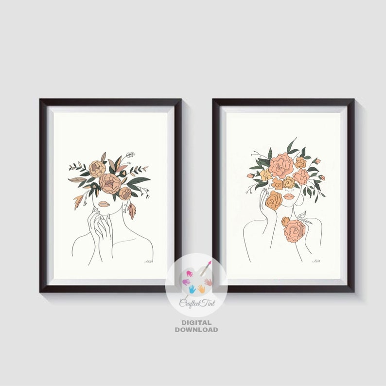 Female Line Art Print Set of 2, Minimalist Wall Art, Boho, Head of Flowers, Line Art Print, Women Line Art,Instant Digital Download PDF File image 9