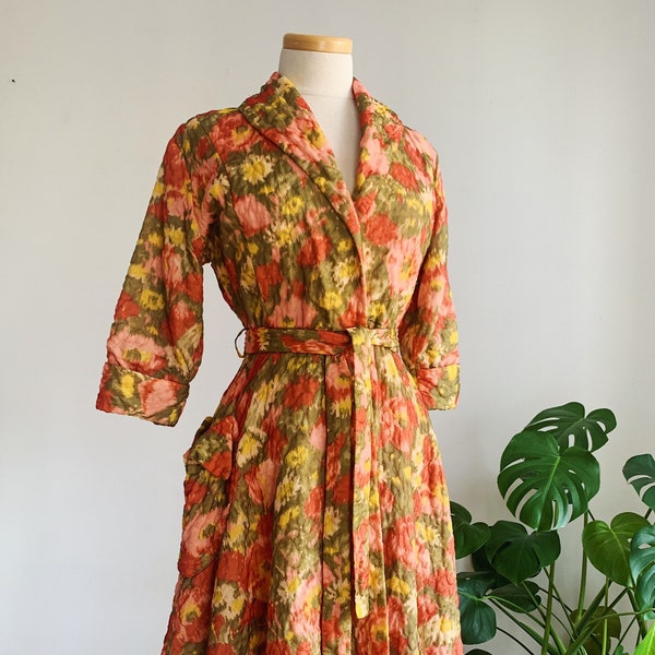 40s Quilted Floral Print Housecoat | 1940s Impressionist Floral Print Dressing Gown | Vintage Lingerie