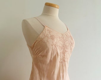 30s Jacquard Silk Embroidered Slip Dress | 1930s Boudoir Negligee Nuisette | Antique Hand stitched Soft Pink Nightgown | Underslip Teddie