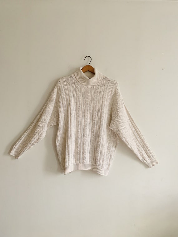 90s Chunky Cotton Knit Pullover Slouchy Turtlenec… - image 1