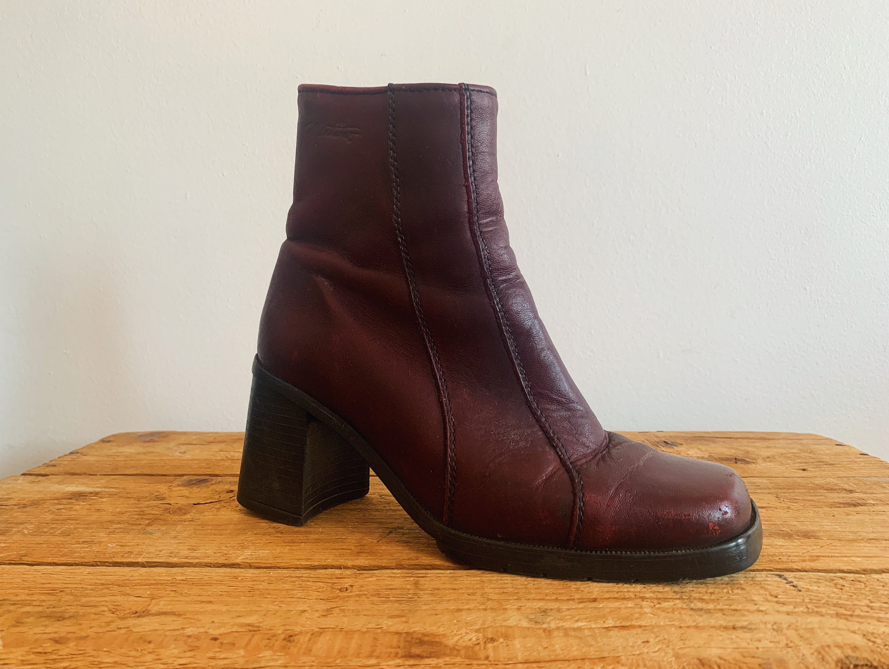 90s Square Toe Chunky Heel Oxblood Leather Ankle Boots | Etsy Canada