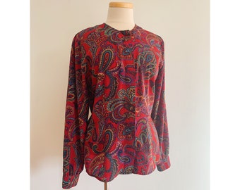 Vintage 80s does 60s Paisley Print Blouse | 1980s does 1960s Red Paisley Long Sleeve Button Up Shirt