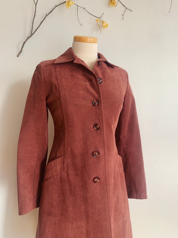 60s 70s Dusty Rose Faux Suede Mid Length Trench C… - image 3