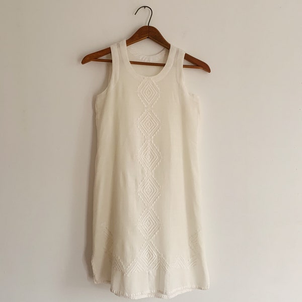 60s Homemade Embroidered Tunic Shift Dress | 1960s Sheer White Mod Mini Dress | Vintage Handmade Scooter Dress