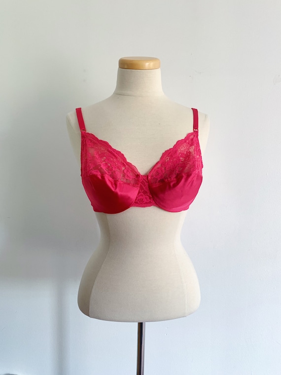 70s 80s 36C Fuchsia Pink Lace Unlined Bra | Vinta… - image 6