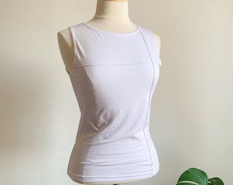 90s Y2K High Neck Wide Strap Tank | 1990s 2000s White Stretchy Patchwork Tank Top | Made in Canada