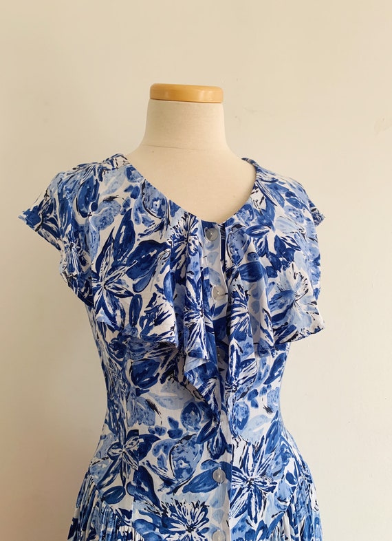 80s Big Collar Floral Summer Dress with Pockets |… - image 3