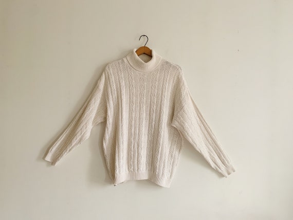 90s Chunky Cotton Knit Pullover Slouchy Turtlenec… - image 2