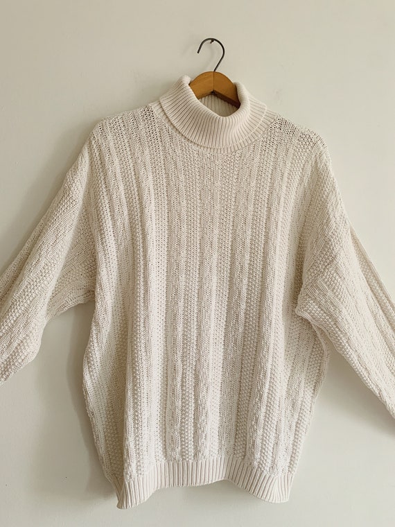 90s Chunky Cotton Knit Pullover Slouchy Turtlenec… - image 4