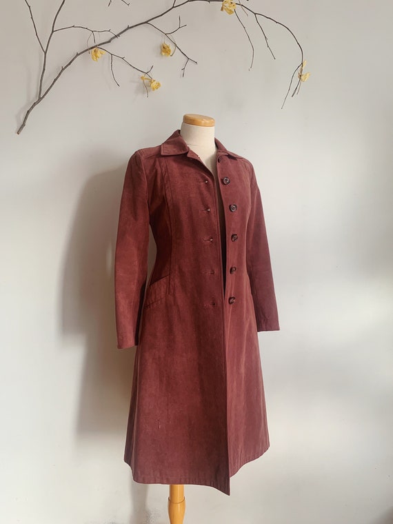 60s 70s Dusty Rose Faux Suede Mid Length Trench C… - image 1