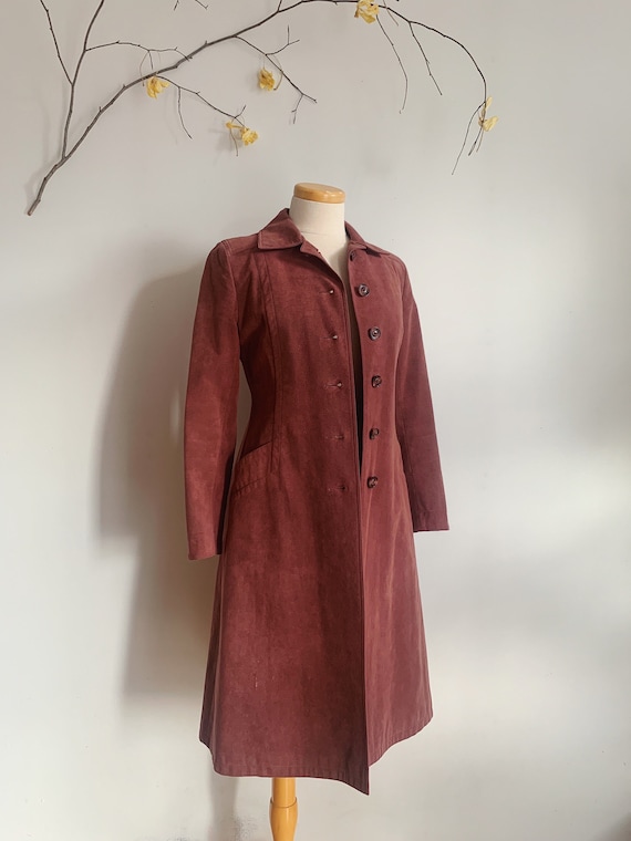 60s 70s Dusty Rose Faux Suede Mid Length Trench Coat, Size 