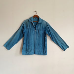 60s European Workwear Jacket | Vintage 1960s Faded Blue Zip-up Chore Coat | Size M / L