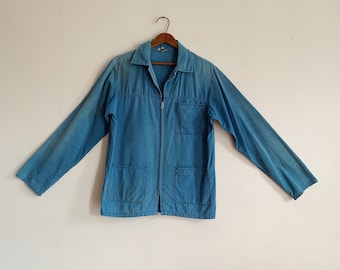 60s European Workwear Jacket | Vintage 1960s Faded Blue Zip-up Chore Coat | Size M / L