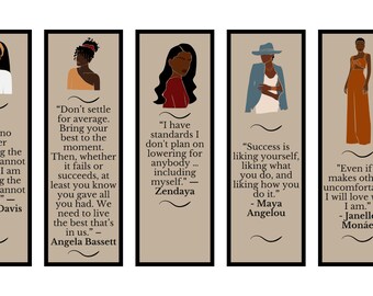 Puede incluir: Cinco marcapáginas coloridos con ilustraciones de mujeres negras y citas inspiradoras. Las citas son: "Ya no acepto las cosas que no puedo cambiar. Estoy cambiando las cosas que no puedo aceptar." - Angela Davis, "No te conformes con la mediocridad. Da lo mejor de ti en cada momento. Entonces, ya sea que fracase o tenga éxito, al menos sabrás que lo diste todo. Tenemos que vivir lo mejor que podamos." - Angela Bassett, "Tengo estándares que no planeo bajar para nadie... incluyéndome a mí misma." - Zendaya, "El éxito es gustarse a sí mismo, gustar lo que se hace y gustar cómo se hace." - Maya Angelou, "Incluso si hace que otros se sientan incómodos, amaré a quien soy." - Janelle Monáe