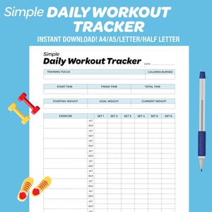 Rastreador de ejercicios imprimible, registro diario de ejercicios, planificador de fitness, tamaño A4/A5/carta/medio, descarga instantánea