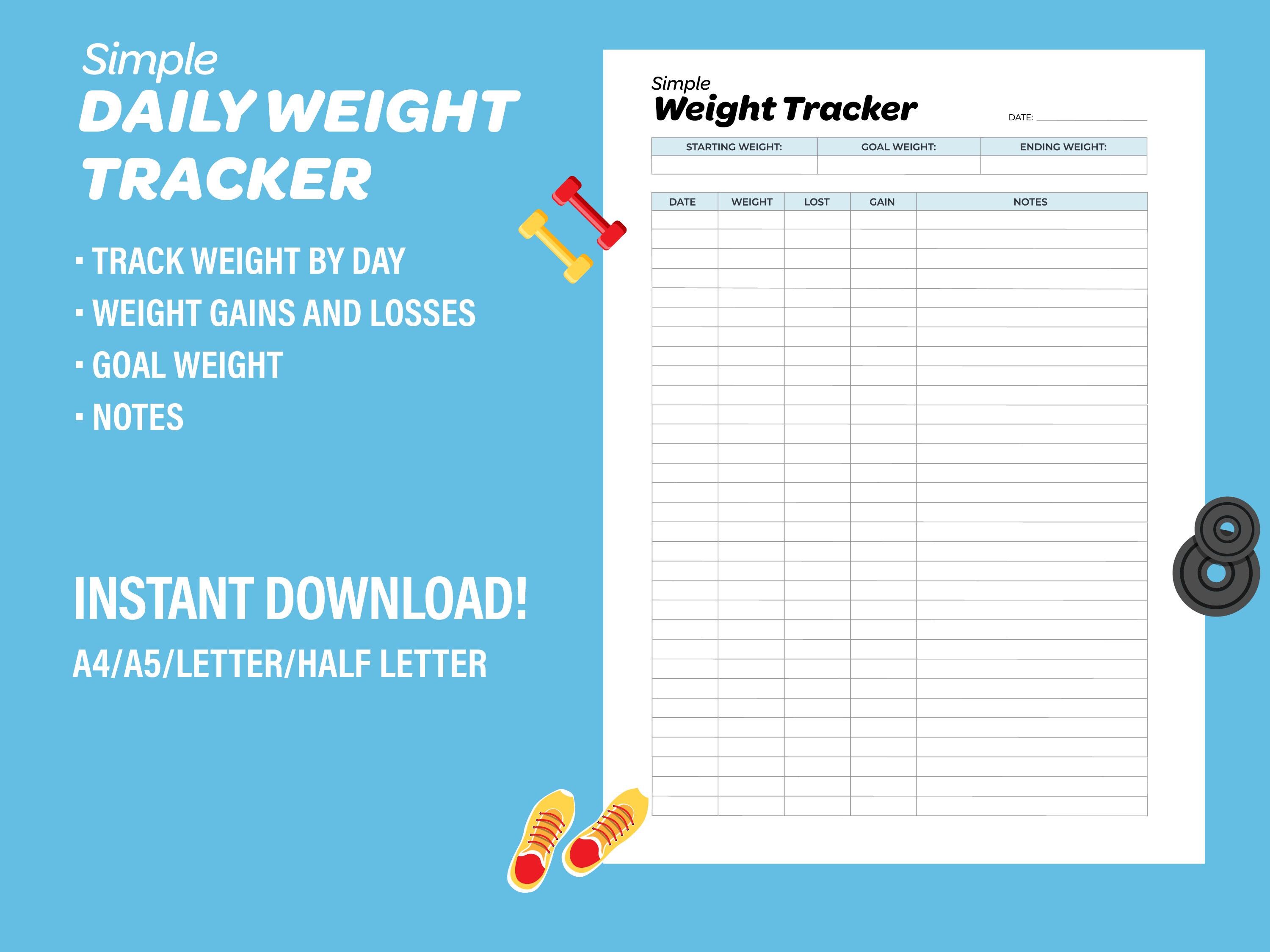 Daily Weight Log Tracker Printable, Start Weight, Weight Gain and Loss ...
