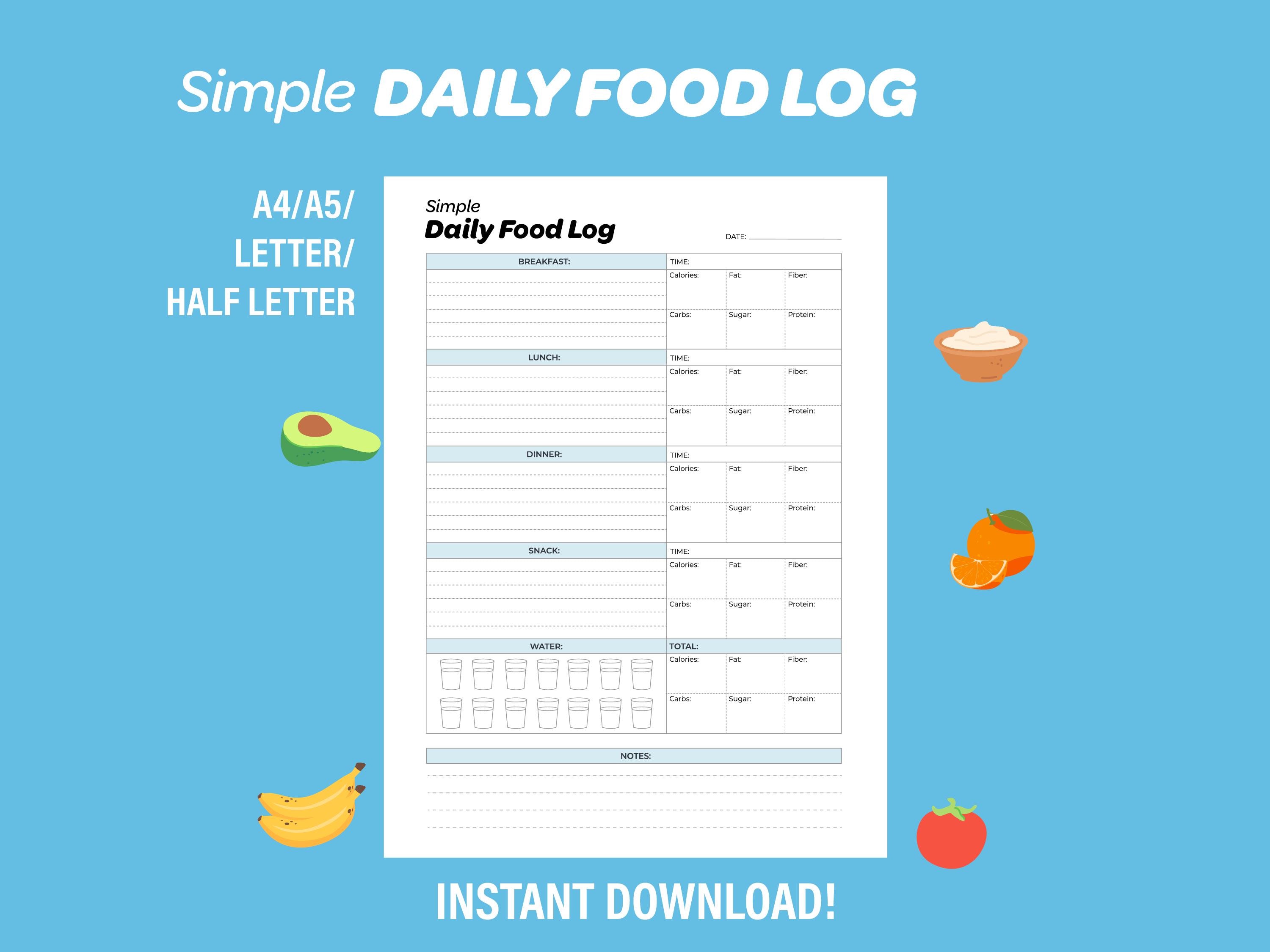 Simple Daily Food Log Tracker Printable, Track Food/meals, Calories ...