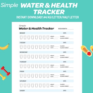 Registro de agua y salud imprimible, registro de calorías diario/semanal, pasos diarios/semanales, objetivos, notas, tamaño A4/A5/carta/media carta, descarga instantánea
