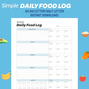 Registro diario de alimentos imprimible, sencillo. Controla alimentos, comidas, calorías, azúcar, grasas, fibra y proteínas. Tamaño A4/A5/Carta/Media porción. Descarga instantánea.