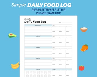 Simple Daily Food Log Tracker Printable, Track food/meals, calories, sugar, fat, fiber and protein A4/A5/Letter/Half Size, Instant Download