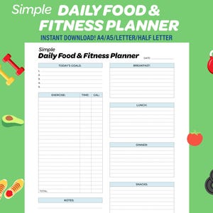 Planificador diario sencillo de alimentación, fitness y objetivos imprimible. Registra tu ejercicio, alimentación, comidas y objetivos. Tamaño A4/A5/Carta/Media página, descarga instantánea.