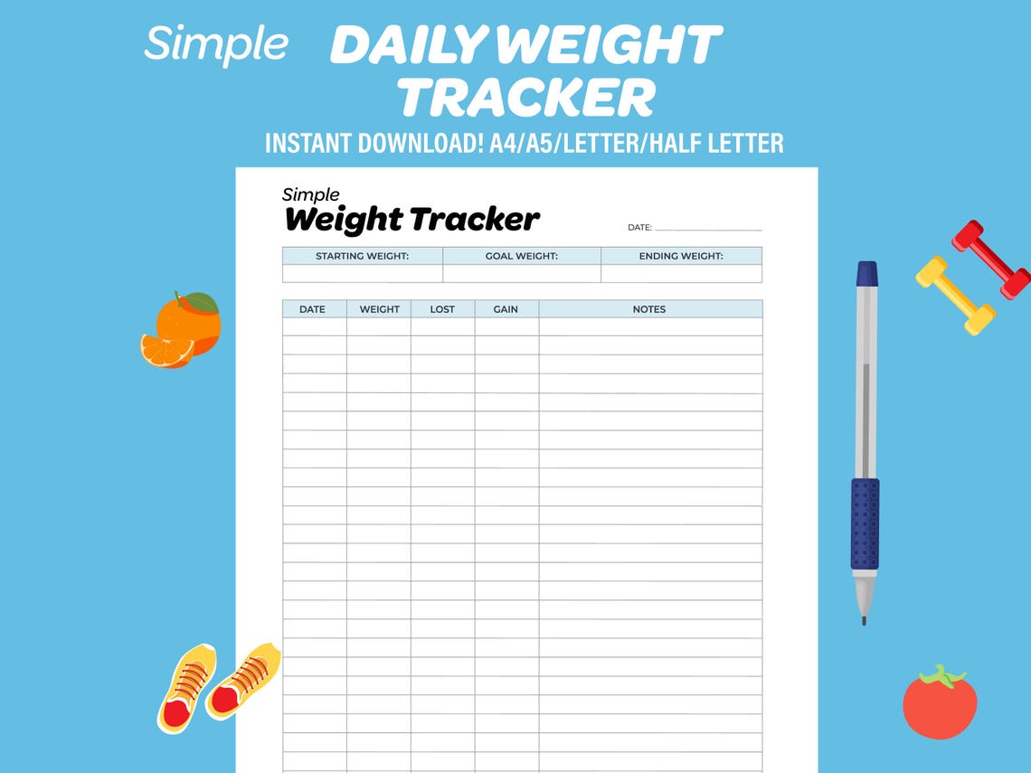 Daily Weight Log Tracker Printable, Start Weight, Weight Gain and Loss ...