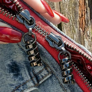 Double Spiral Pull #5 Statement Zipper 10.83" Two Way Separating On Red Tape | Shine Dark Chrome | DIY For Upcycled Denim Pouch & Purses