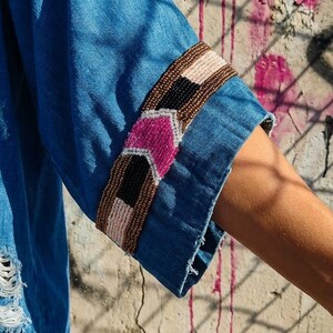 Hand Beaded Cuff Trim Applique, Pink Bronze Seed Bead Embroidery, Sew On Denim Jacket Sleeve Patch, 6.7 Inch Boho Upcycle