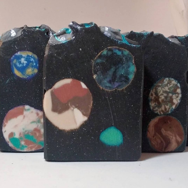 Solar System - Artisan Soap Bar. Space Theme, Galaxy Soap. Stars and Planets. Celestial Soap. Pretty Soap. Palm Free Soap. Handcrafted Soap.