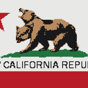 Puede incluir: Una bandera blanca con una estrella roja en la esquina superior izquierda. Un oso marrón y negro se encuentra en un campo verde con el texto "NEW CALIFORNIA REPUBLIC" debajo del oso.