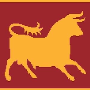 May include: A rectangular flag with a red background and a gold border. The flag features a gold silhouette of a bull in a running pose. The bull is facing left, with its tail raised and its horns visible.