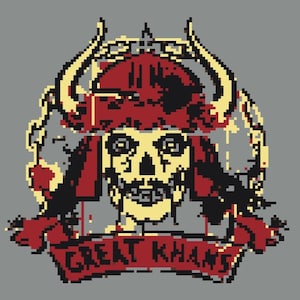 May include: Pixelated graphic of a skull wearing a red helmet with horns, a crown, and the text "GREAT KHANS" on a banner. The design uses red, yellow, black, and grey colours on a grey background.