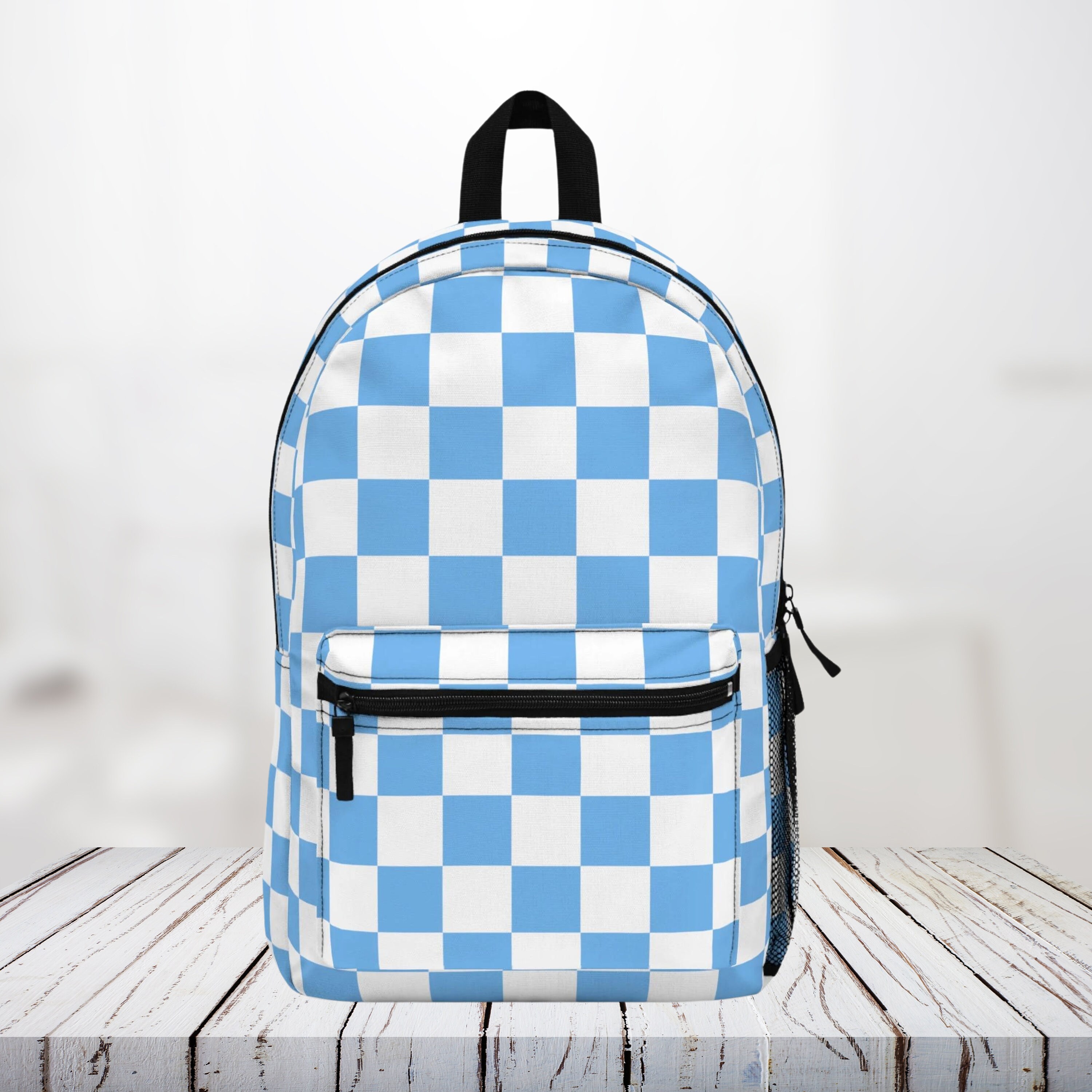 Retro Checkered Backpack, Baby Blue and White, School Travel 