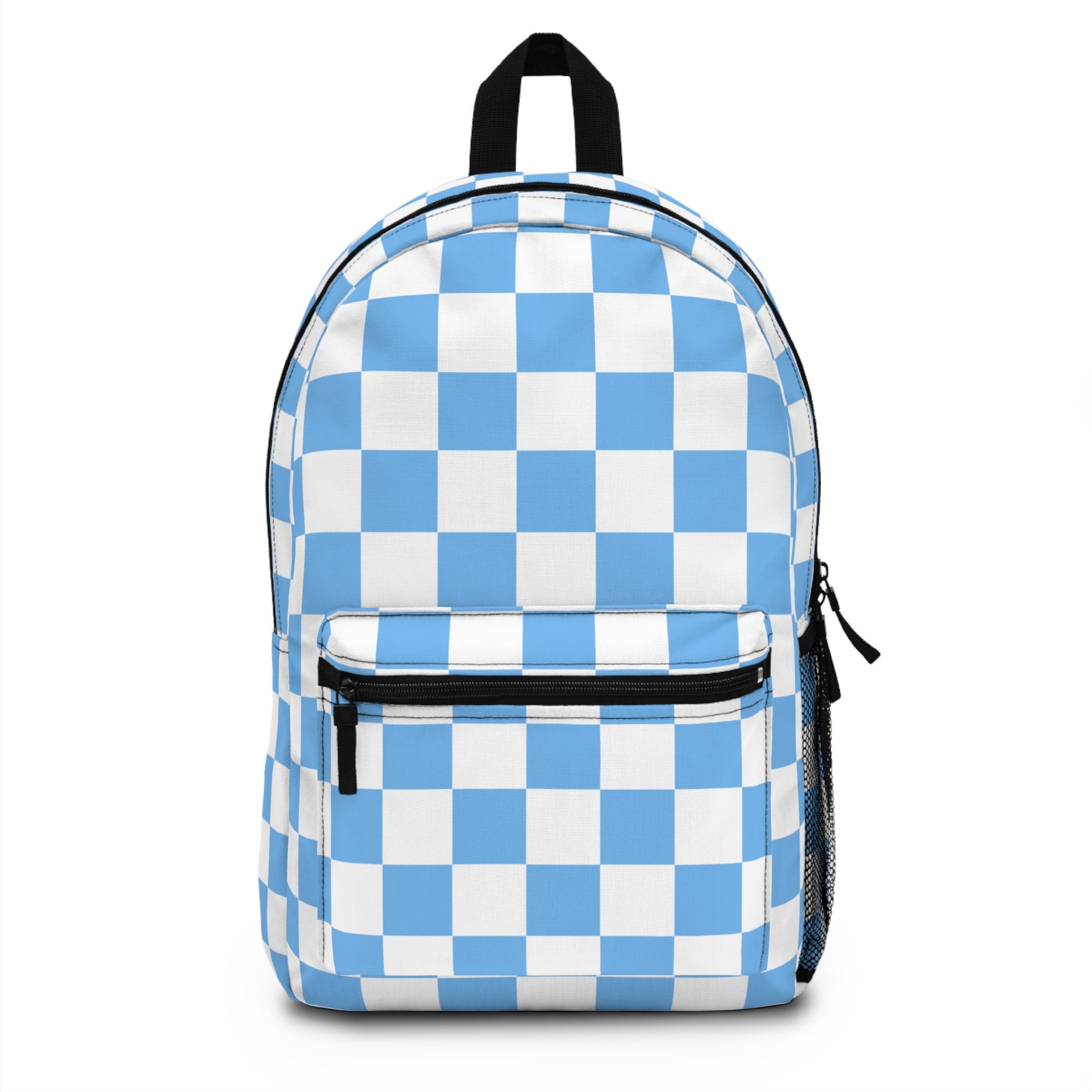 Retro Checkered Backpack, Baby Blue and White, School Travel 
