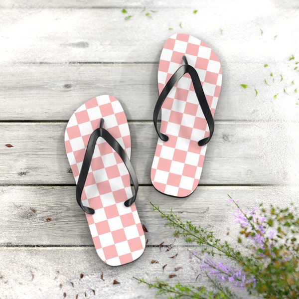 Pink And White Checkered Print Flip Flops, Summer Flip Flops Sandals, Women Pink Checker Thongs, Beach Checkerboard Pattern Flip Flop