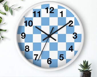 Baby Blue And White Checkered Wall Clock, Home Decor, Bedroom Decor, Boys Room Decor, Office Decor, Checkered Pattern Wall Clock