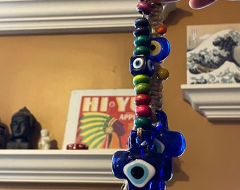 Evil Eye Cross Hanging | Nazar Wall Decor | Greek Blue Glass Charm | Car Mirror Ornament