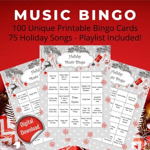 MUSIKBINGO - Weihnachts- & Feiertagslieder, 100 Bingokarten, 75-Song-PLAYLIST ENTHALTEN **Digitaler Download**