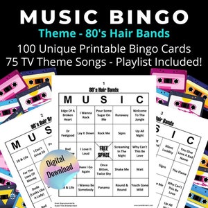 Musik Bingo - 80er Haarbänder, 100 Bingo Karten, 75 Songs PLAYLIST INKLUSIVE **Digital Download**