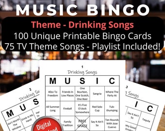 Music Bingo - Drinking Songs, 100 Bingo Cards, 75 Song PLAYLIST INCLUDED **Digital Download**
