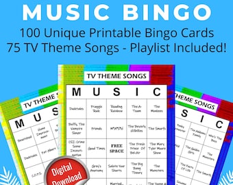 Bingo musical: canciones temáticas de TV, 100 cartones de bingo, LISTA DE REPRODUCCIÓN DE 75 canciones INCLUIDA **Descarga digital**