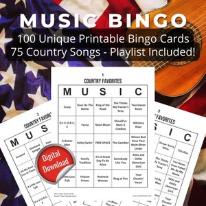 Bingo musical: favoritos del país, 100 cartones de bingo, LISTA DE REPRODUCCIÓN DE 75 canciones INCLUIDA **Descarga digital**