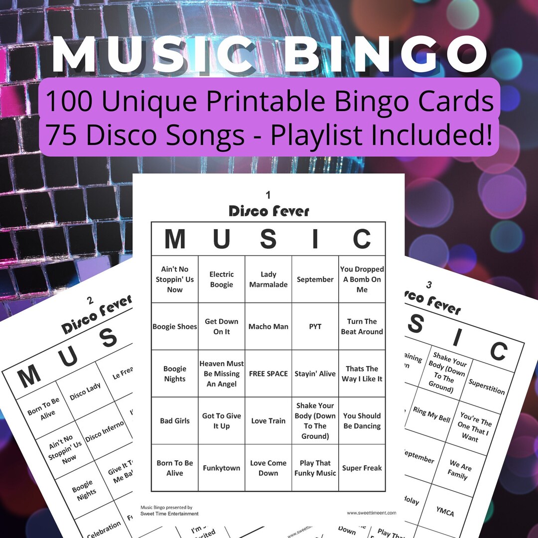 Music Bingo Disco Fever, 100 Bingo Cards, 75 Song PLAYLIST INCLUDED