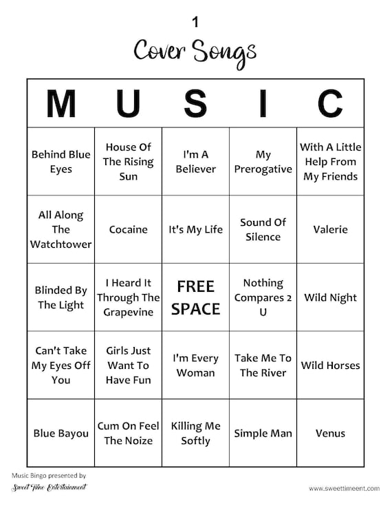 Music Bingo Cover Songs, 100 Bingo Cards, 75 Song Playlist
