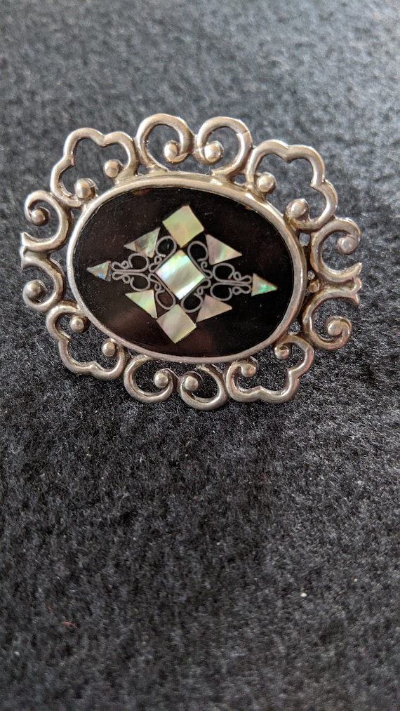 1970's Onyx Abalone Sterling Silver Brooch Pendant