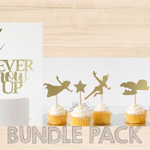 BUNDLE PACK Never Grow Up Tinker bell Cake Topper + Peter Pan & Friends Cupcake Toppers Birthday Party Double Sided Glitter Card Stock image 1