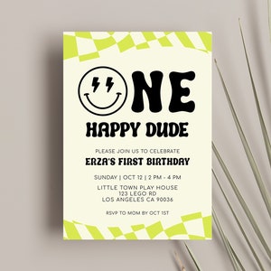 Modelo de convite editável One Happy Dude para festa de primeiro aniversário de criança legal, rosto feliz, cara legal, cara feliz, 1º aniversário. DOWNLOAD INSTANTÂNEO
