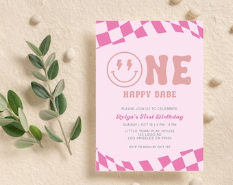 Editable One Happy Babe Invitation Template For Cool Girl First Birthday Party Happy Face Cool Kid Happy Baby 1st Birthday. INSTANT DOWNLOAD