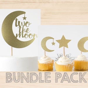 BUNDLE PACK! Two The Moon + Moon and Star Cupcake Toppers For Baby Shower, Gender Reveal, Birthday. Double Sided Glitter Cardstock