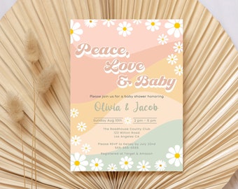 Editable Peace Love And Baby Invitation Template Retro Groovy Baby Shower Theme Gender Reveal Daisy Flower Hippie Boho. INSTANT DOWNLOAD